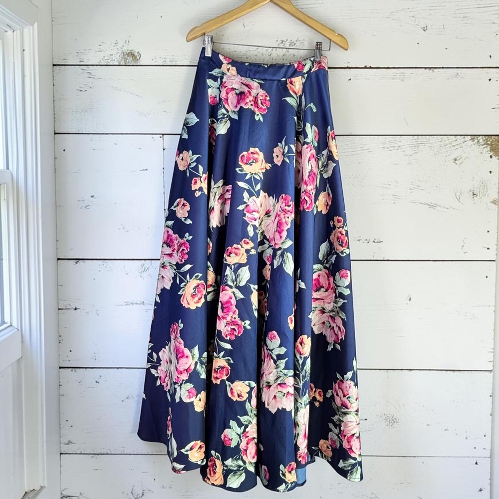 Floor‎ Length Full Circle Floral Maxi Skirt NWT 5 Navy Pink Rose Print Dramatic